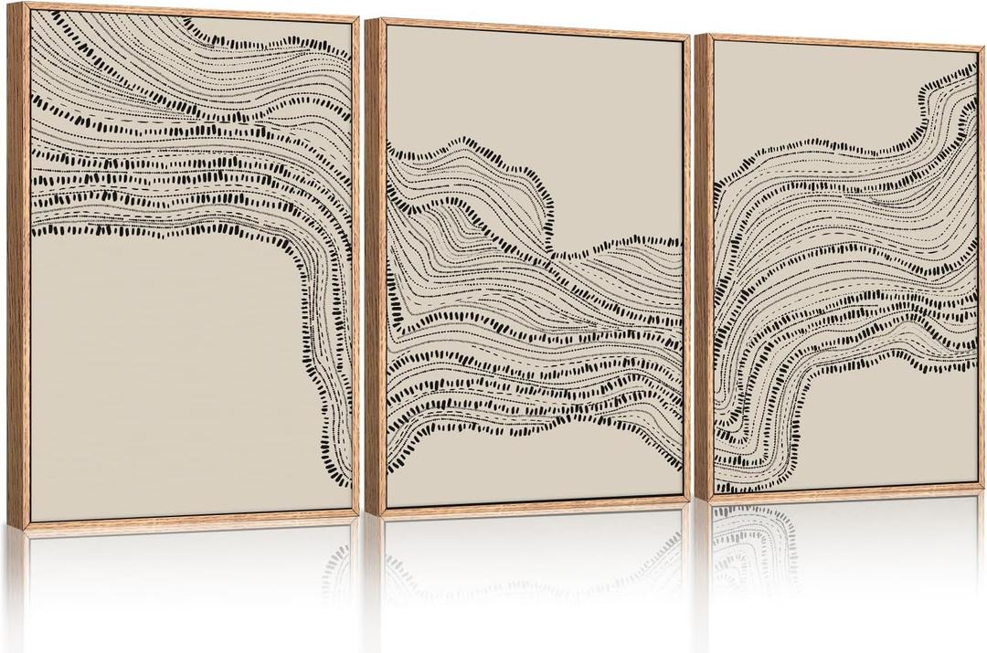 HLNIUC Neutral Abstract Framed Canvas Wall Art Set, Black Beige Wave Line Wall Decor, Large Minimalist Painting, Modern Geometric Art Print for Living Room, Bedroom, Dinning Room, Office - 16"x24"x3 (16L" x 24W")