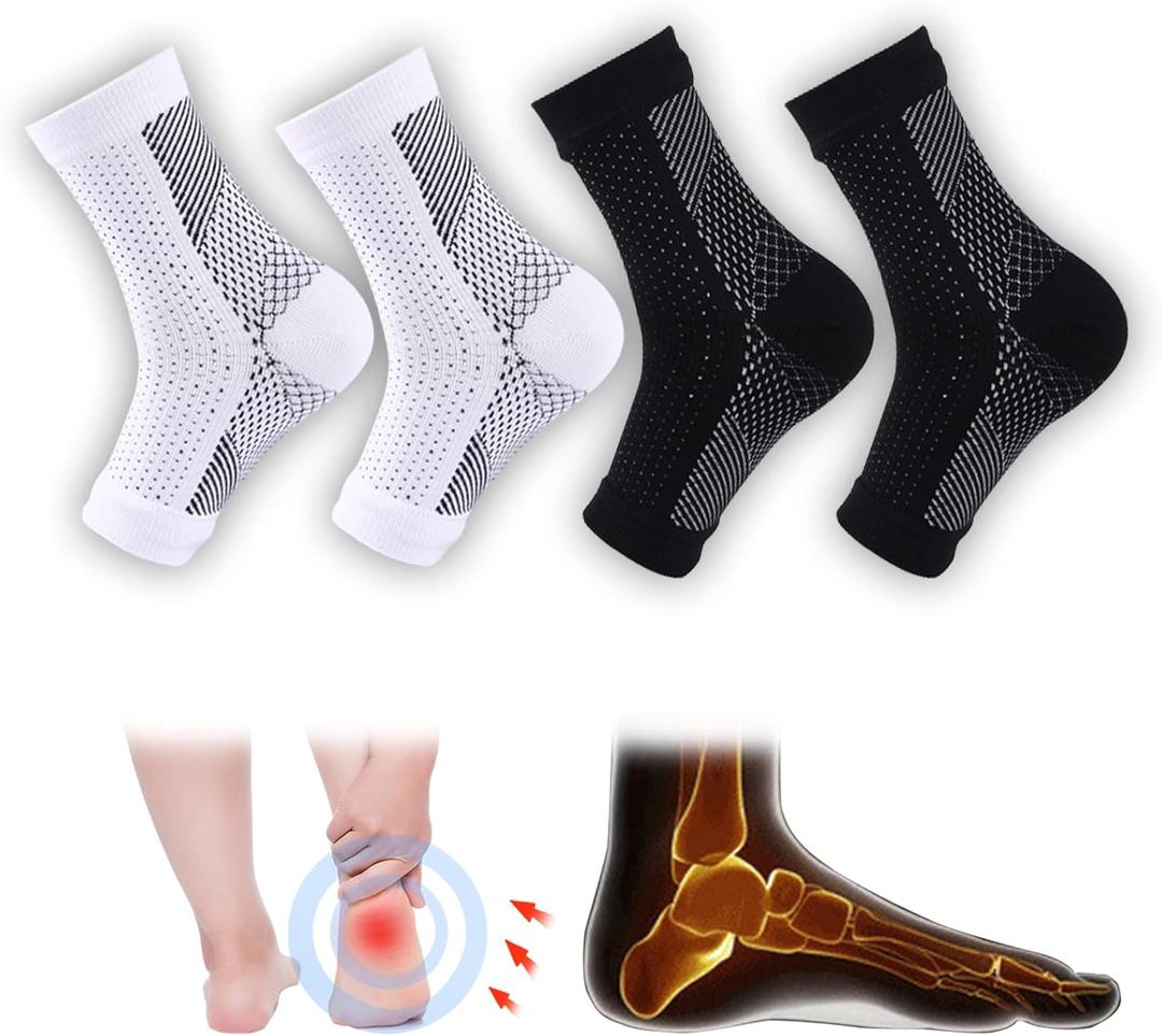 4 Pairs Neuropathy Socks, Foot Compression Sleeve For Pain, Anti Fatigue Compression Foot Sleeve Support Brace Socks (XX-Large, White and Black)