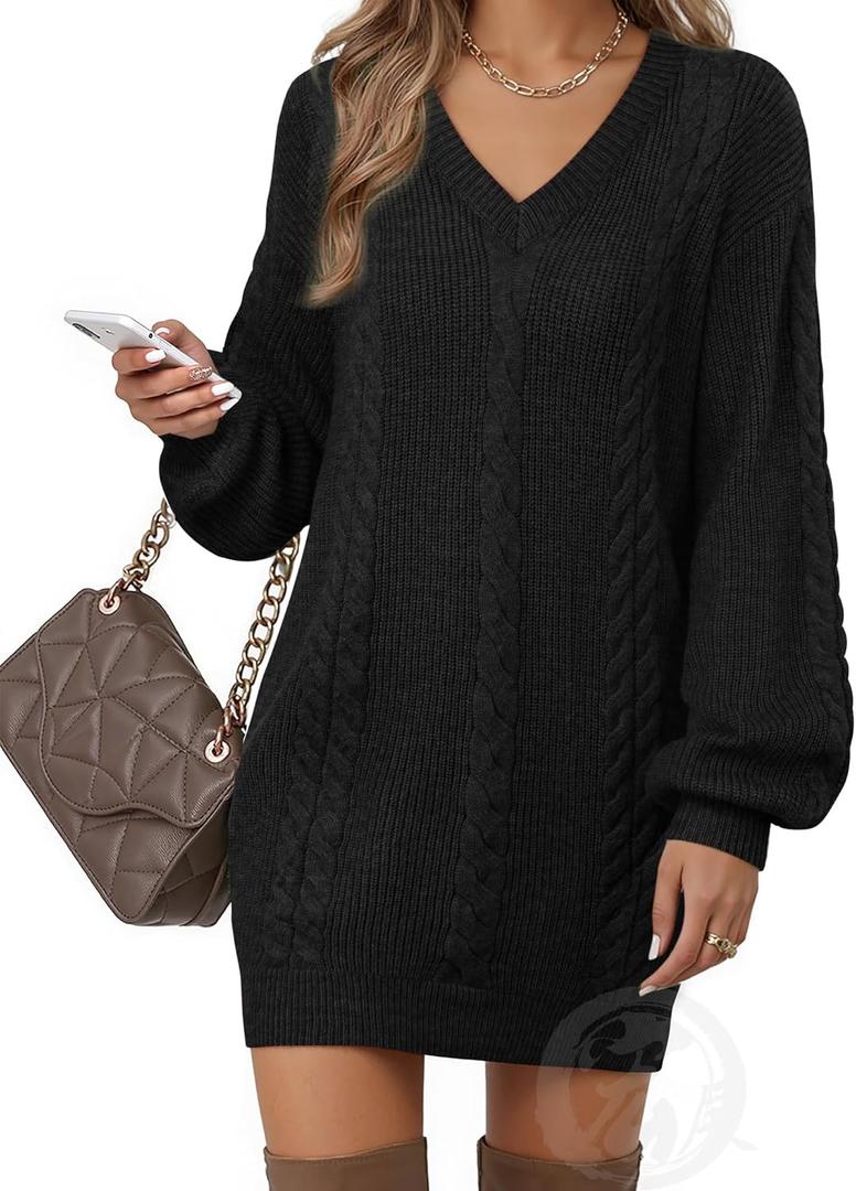 Women's Pullovers Jumper Sweaters Lantern Sleeve Casual V Neck Fall Knit Mini Sweater Dresses (X-Large, Black)