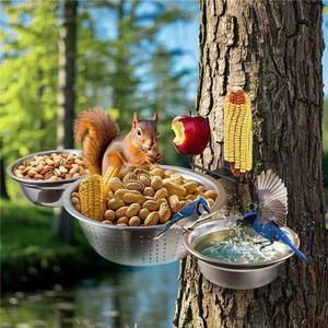 3-Hoop Squirrel/Bird Feeder, 2025 Cute Metal Bowl Outside Tree Mounted,1 x 8.5in Drainage Bowl+2 Corn Cob Spikes for Dry Food,2 x 5in Solid Bowls for Wet Food/Water, Perfect Squirrel Feeders for Yard