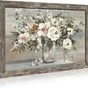 Abstract Flowers Framed Wall Art: Vintage Floral Bouquet in Vase Wooden Artwork Picture Print Rustic Nature Scenery Plant Painting for Living Room Dinning Room Bedroom, 45"L x 30"W