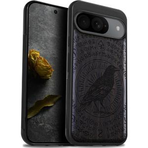 Carveit Wood Case for Pixel 9 Case [Natural Wood & Black Soft TPU] Shockproof Protective Unique Wooden Cover Compatible with Google Pixel 9 (The Haloed Crow-Blackwood)