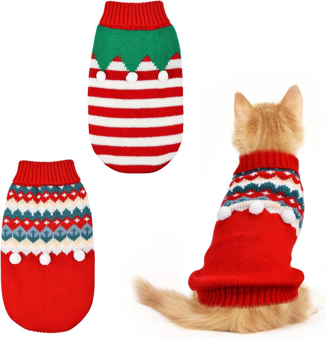 2PCS Puppy Christmas Sweater Cat Turtleneck Knitwear Xmas Elf Outfits Dog Warm Clothes Sweater for Kitties Puppies L