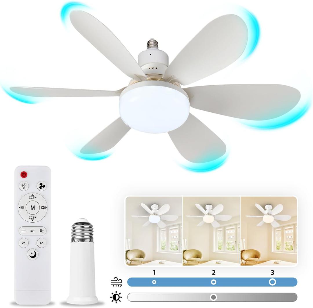 AHXIAOZN Socket Fan Light with Remote, E26/E27 Screw in Small Ceiling Fan with Light, 40W Cordless Light Socket Fan, Dimmable LED Ceiling Fan with 3-Speeds for Garages and Small Rooms(White)