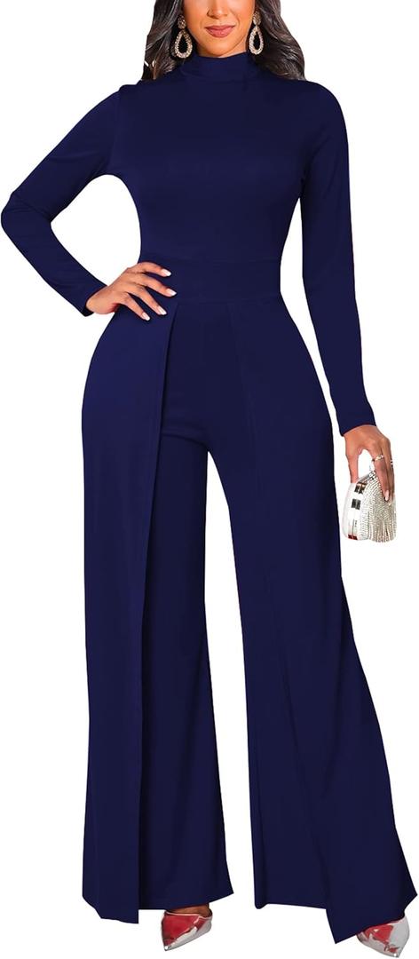 Women's Casual Long Sleeve Round Neck Jumpsuits Work Wide Leg Pants Club Party Loose Rompers (X-Large, 10824dark Blue)