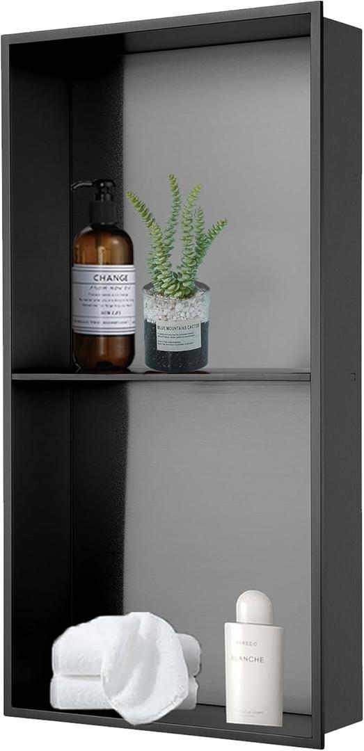 HOTIS 12"24" Black Double Selves Stainless Steel Shower Niche, Recessed Wall Niche, No Tile Needed Bathroom Niche for Shower Wall, Organizer Waterproof Recessed Wall Mounted Insert Storage Caddy (Blcak)