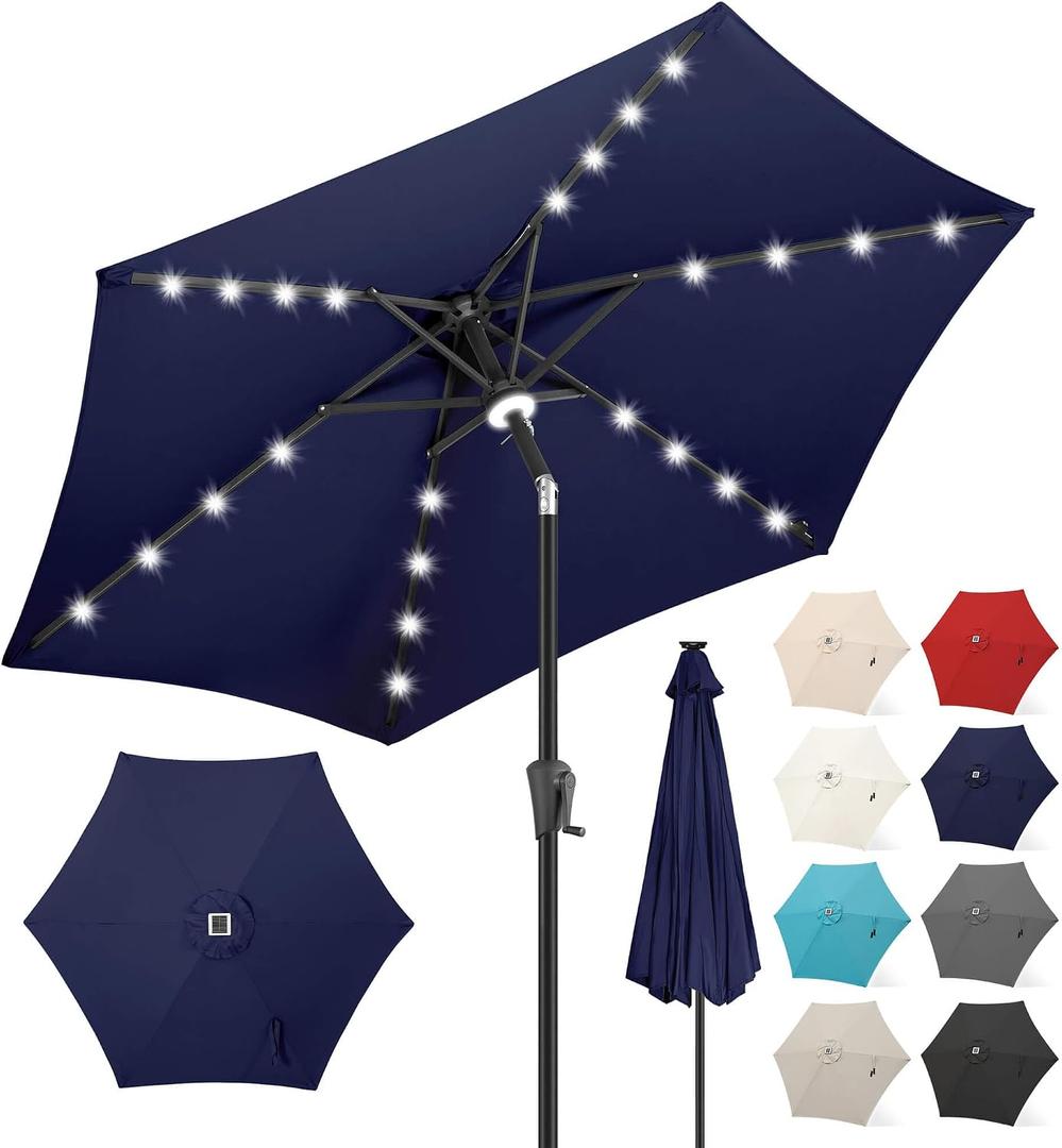 FLAME&SHADE 7.5 FT Solar Light Patio Umbrella, 24 LED Lights Outdoor Umbrella with Centre Surround Light, Table Umbrella Outdoor Patio for Deck, Pool, Backyard, Garden, UV Protection (Navy Blue)