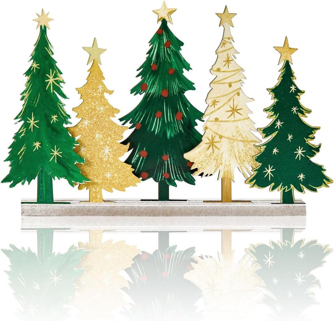 Smile Christmas Table Decor, Standing Centerpieces, 5Pcs Christmas Trees Wooden Signs, Freely Configurable and Slideable Shelf Decor.