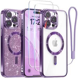 Meifigno for iPhone 15 Pro Max Case 6.7", [Glitter Card & Wrist Strap] [Compatible with MagSafe] [2X Screen Protectors] Surround Raised Camera Lens Protection for 15 Pro Max Case, Deep Purple