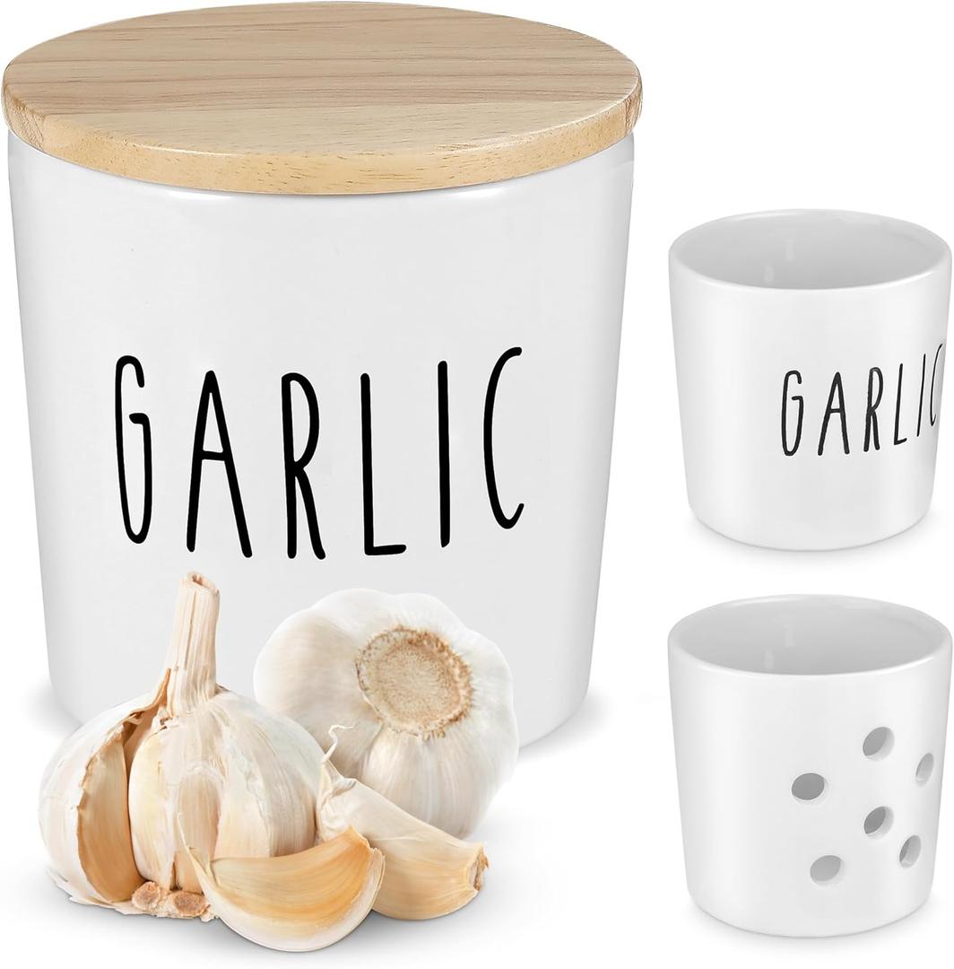 Large Garlic Keeper with Wooden Lid - Garlic Holder Storage - Round Ceramic Garlic Container Storage to Keep Your Garlic Cloves Fresh Longer - Classic White Vented Garlic Keeper for Counter