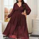 SCOMCHIC Womens Plus Size Formal Dresses Chiffon Wedding Guest Long Sleeve V Neck Smocked Flowy Slit Maxi Dress (Burgundy)