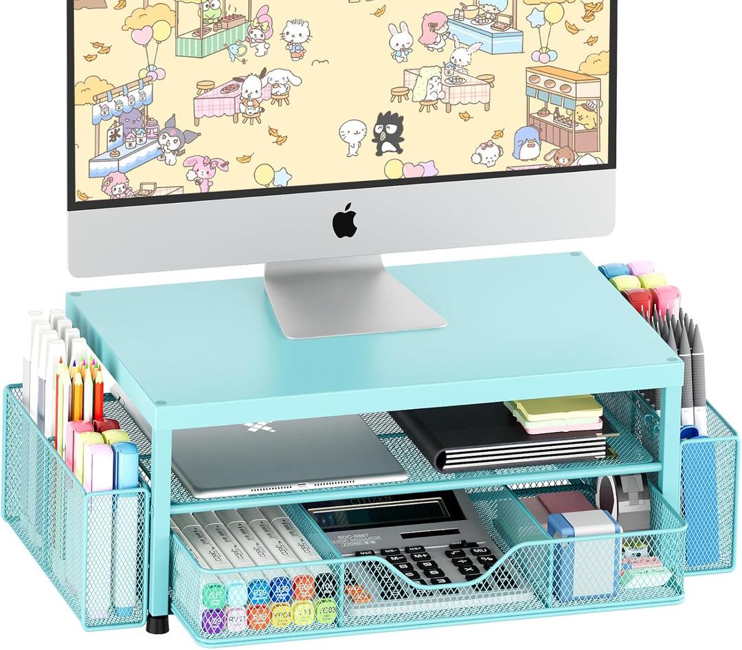 OPNICE Desk Organizers and Accessories, 2Tier Computer Monitor Stand Riser with Drawer and 2 Pen Holders, Laptop Stand, Office Desk Accessories for Office Supplies, Teal Blue