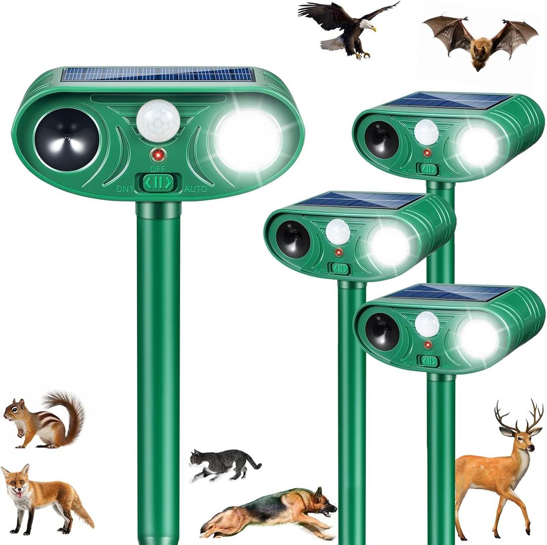 2026 Upgraded Solar Ultrasonic Animal Repeller Outdoor with Motion Sensor & LED Strobe Cat Repellent Outdoor Effective Dog, Deer, Raccoon, Squirrel Deterrent for Yard, Lawn, Garden 4 Pack