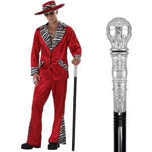 Costume Pimp Cane, 42" Metal Prop Stick with Antique Gold Plastic Handle Cosplay Accessories for Halloween Dress-up Party, Suit for All Ages (Silver)