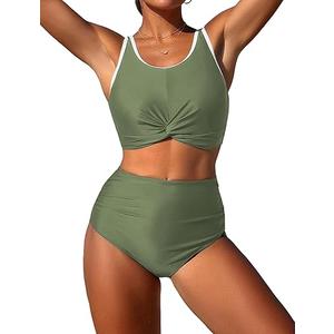 ZAFUL High Waisted Bikini Sets for Women Two Piece Swimsuit Modest Bathing Suit Tummy Control Swim Suit Twist Front Push Up Bikini Top with Full Coverage Bikini Bottom Cute Swimwear 2025 Olive-Green S