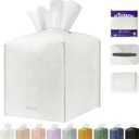 Tissue Box Holder Cover Square Tissue Cube Cover PU Leather Tissue Organizer with Bottom Belt for Bathroom, Tabletop, Kitchen, Night Stands, Office, Home, Car (1, White)