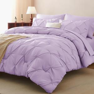 Full Comforter Set 7 Pieces Bed in A Bag Light Purple Luxury Soft Queen Size Bed Set Pintuck Pinch Pleat Bedding Sets with Comforter, Flat Sheet, Fitted Sheet and Pillowcases & Shams