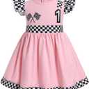 Kids Girls 1st 2nd Birthday Race Car Driver Costume Flutter Sleeve Ruffle Dress Racer Costume (12 Months, Pink 1 Year)