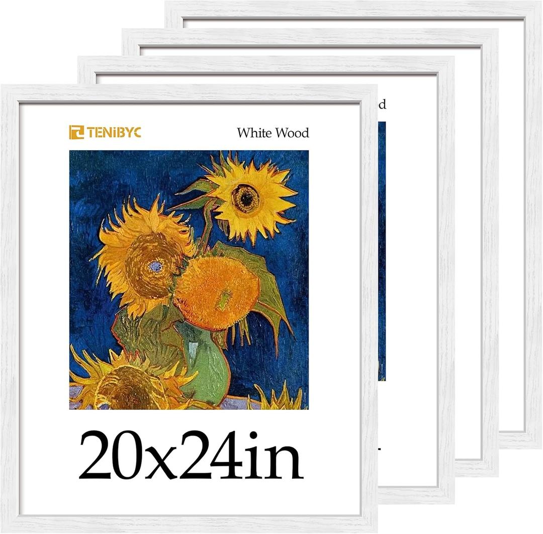 20x24 Picture Frame, White Wood, 4 Pack, Wall Mounting Display