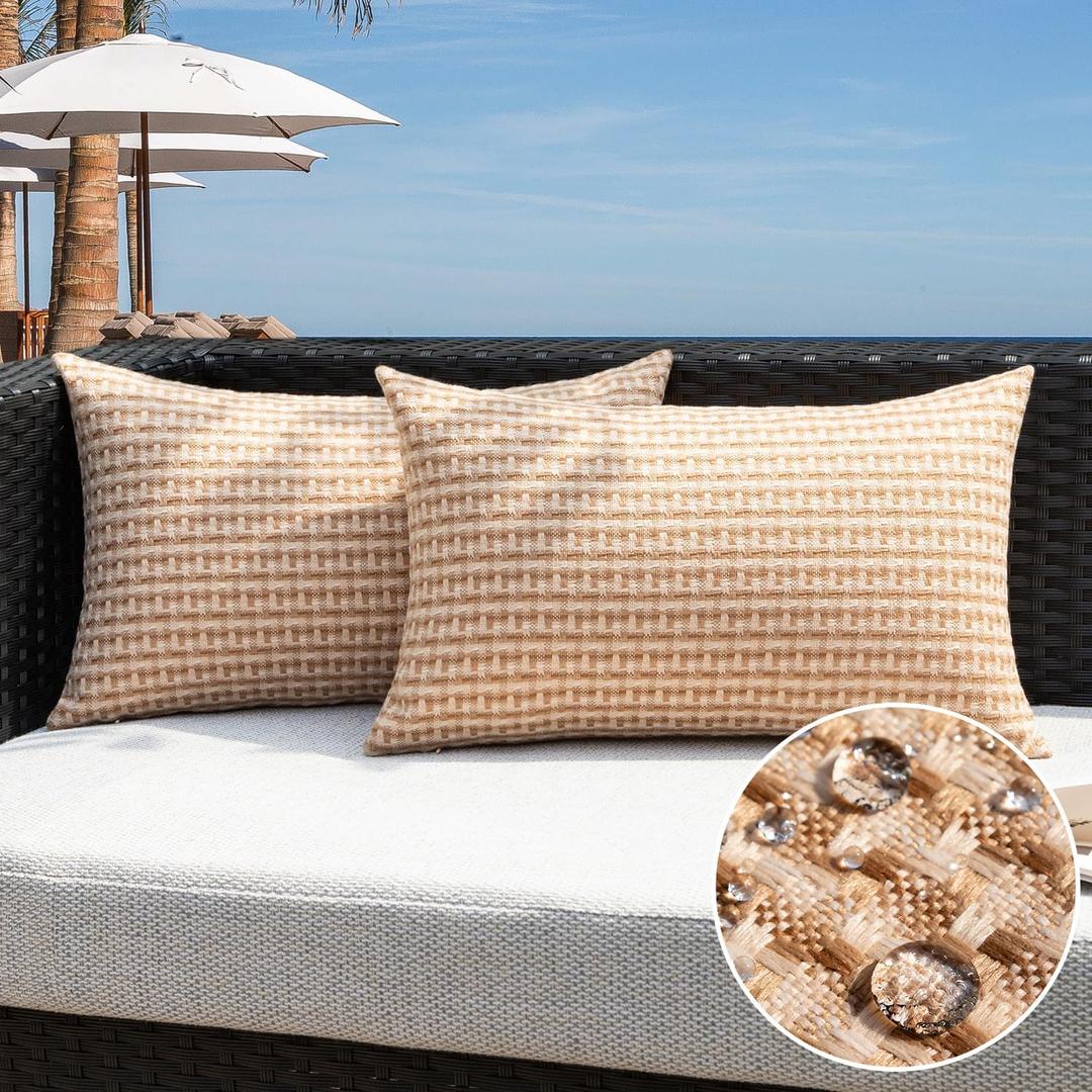 Kevin Textile Outdoor Waterproof Throw Pillow Covers Pack of 2 Boho Farmhouse Decorative Lumbar Cushion Covers for Garden Patio Tent Balcony Bench Couch Sofa 12x24 Inch, Light Brown