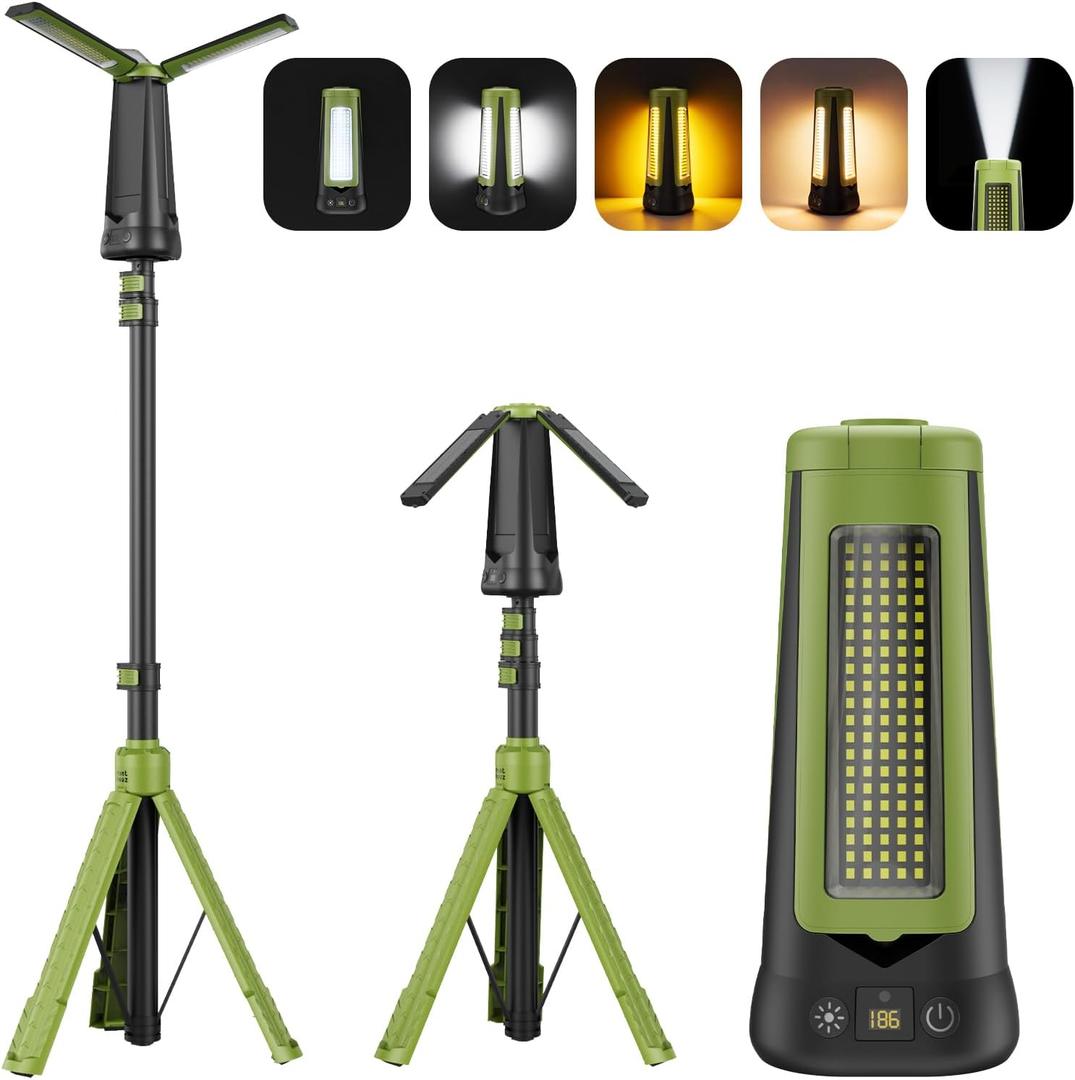 Rechargeable 9000mAh Camping Light with Stand, 3 Adjustable Light Heads, 5 Lighting Modes, Rechargeable Work Light, Camping Essentials Gear Emergency Flashlight with Detachable Tripod