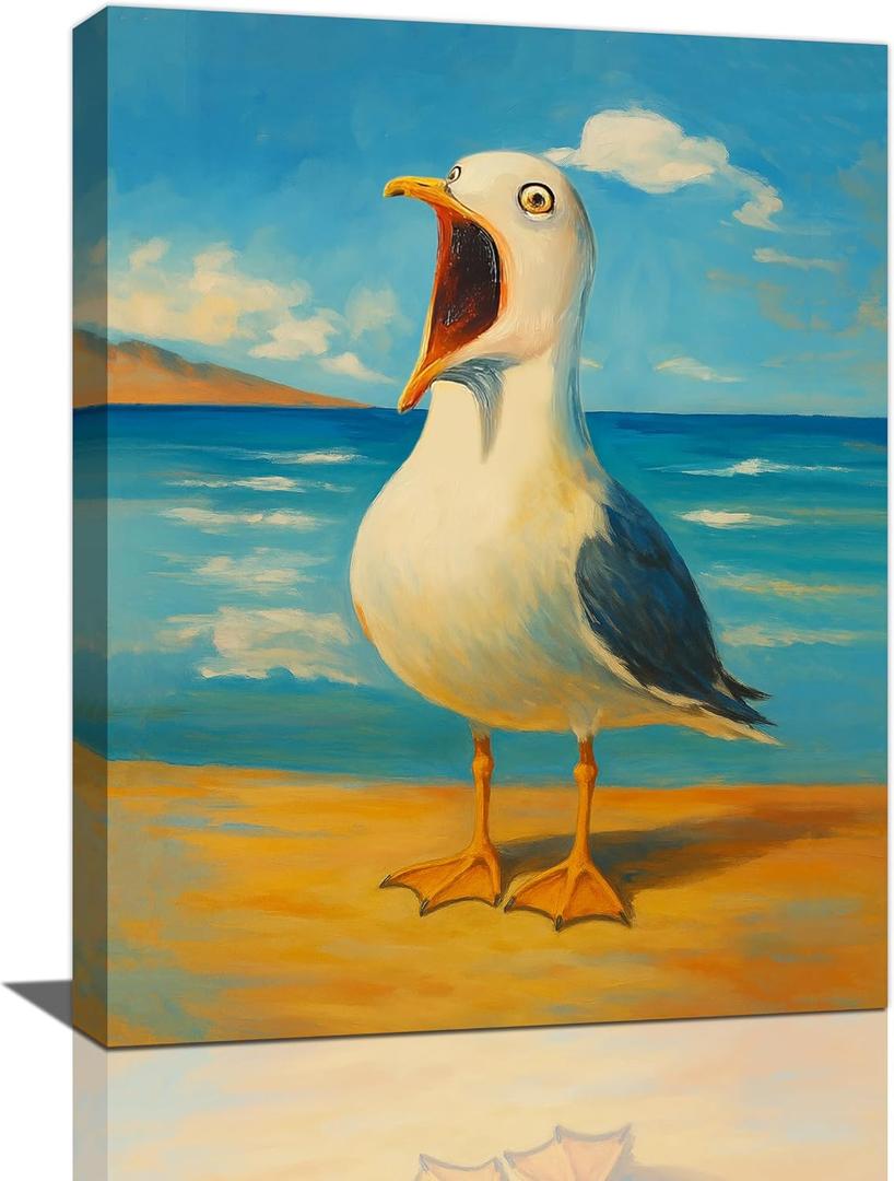 Funny Seagull Bathroom Wall Art Beach Canvas Wall Decor Seaside Seascape Pictures Paintings Prints Ocean Artwork Framed Decorations For Bedroom Living Room Office Gifts 12" x 16"