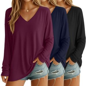 3 Pack Womens Oversized T Shirts Long Sleeve V Neck Cotton Basic Tops Loose Fit Workout Tees Fall Winter Outfits (Small, Black, Navy Blue, Fuchsia)