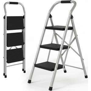 3 Step Ladder for Kitchen Step Stool, Lightweight Folding Step Stool with Curved Safety Handrail, Auto-Lock Mechanism & Non-Slip Wide Pedals, Slim&Foldable for Home Indoor (Silver）