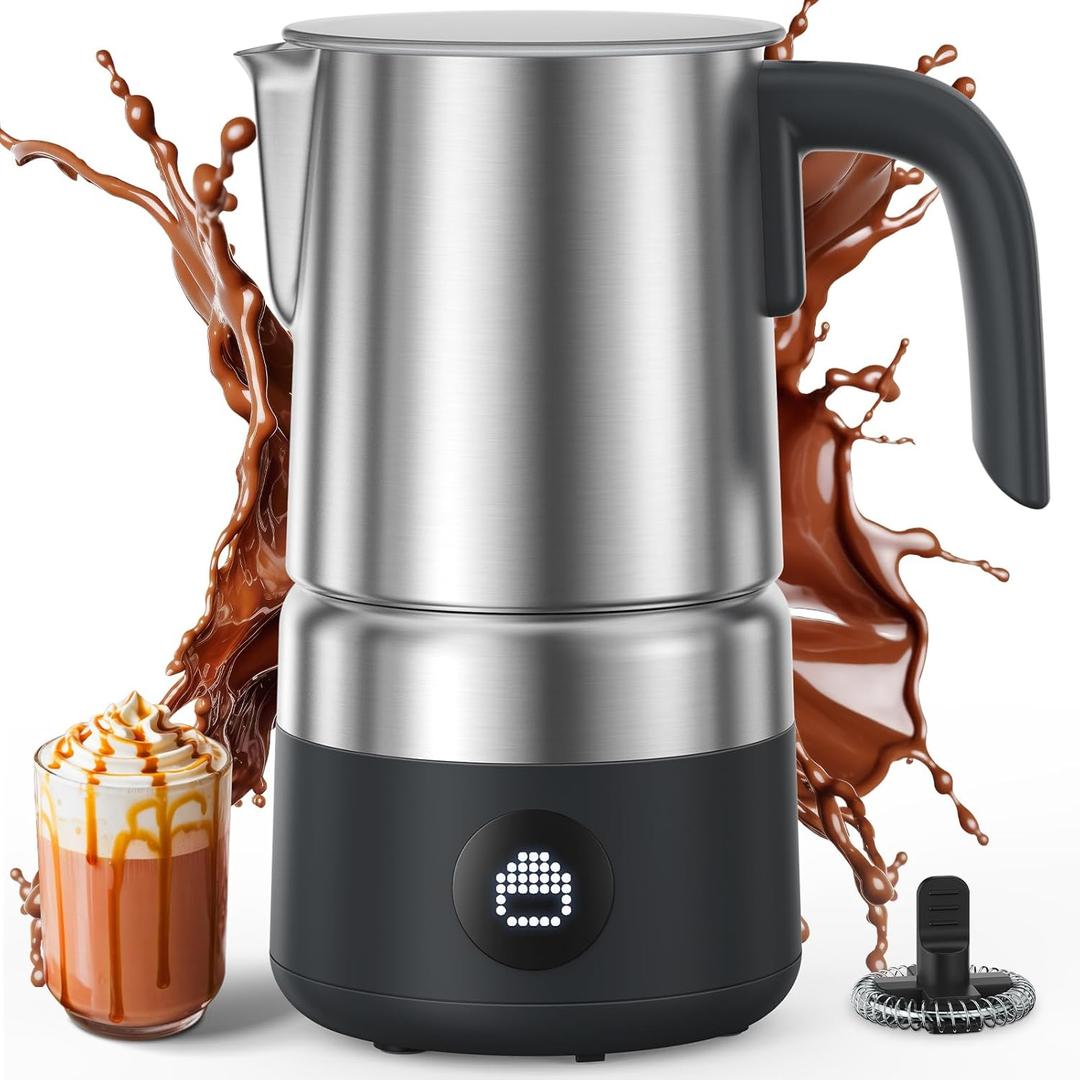 Milk Frother and Steamer [Upgraded], AMZCHEF All-in-1 Detachable Frother for Coffee 600W, Automatic Warm and Cold Foam Maker, Stainless Steel Jug, Dishwasher Safe, LED Display