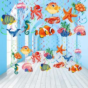 Clabby 30 Pcs Tropical Fish Hanging Swirls Under The Sea Party Decorations Ceiling Decor Ocean Themed Mermaid Creatures Beach Party Supplies Under The Sea Decor(Mixed Style)