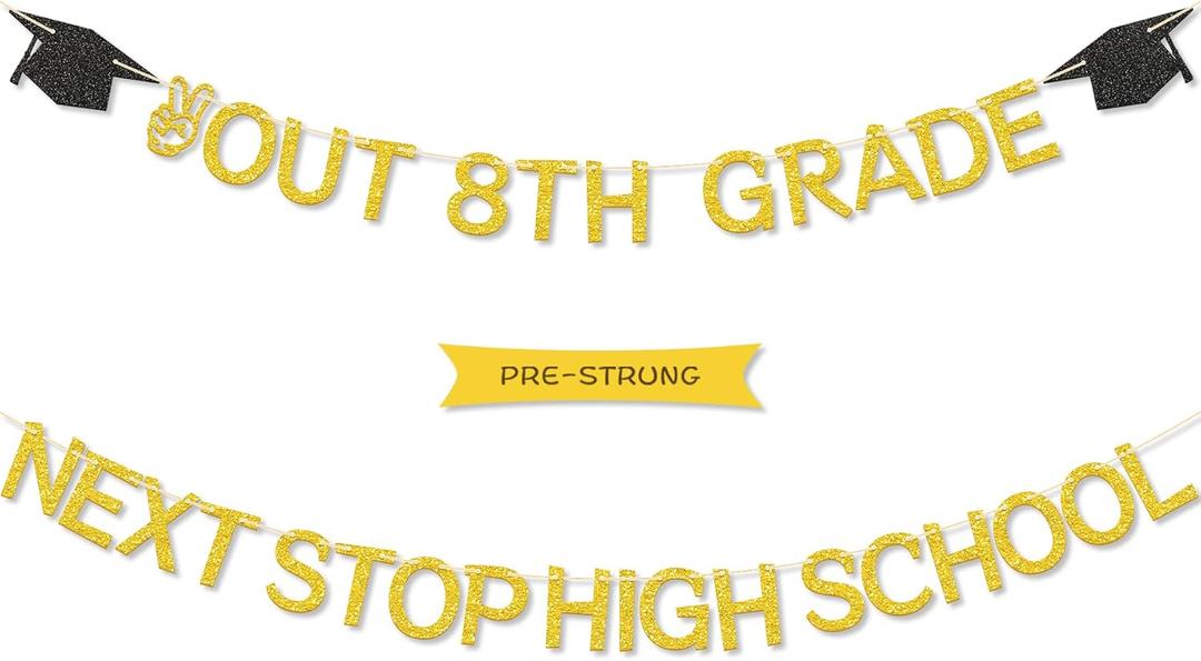 Peace Out 8th Grade Next Stop High School Banner, Congratulations Banner for Eighth Grade Graduation Party Decorations 2025, Gold