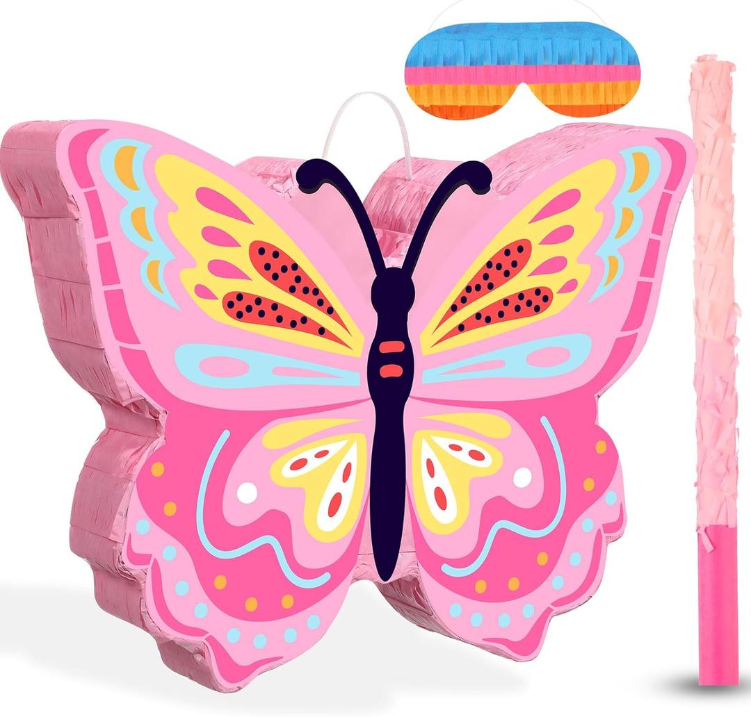 Threan Butterfly Piata Girls Butterfly Party Supplies Fairy Woodland Set - Pink Birthday Piata with Stick and Blindfold Mask for Birthday Baby Shower Party Supplies Decoration