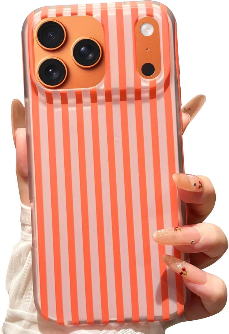 for iPhone 17 Pro Max Case Striped Phone Cases Cute Women Girly Trendy Shockproof Slim Soft TPU and Hard PC Protective Cover Orange