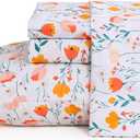 JSD Tulip Floral Sheet Set Queen Size, 4 Piece Spring Printed Microfiber Bed Sheets Deep Pocket