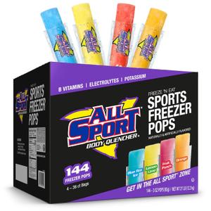 All Sport Freezer Pops, Giant Sized 3oz, 144 CT, Refreshing Ice Pops with Electrolytes, B Vitamins & Potassium Blue Raz Ice, Lemon Lime, Fruit Punch & Orange BBD: 04/2027