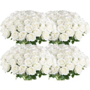 Hananona Artificial Roses in Bulk, Fake Silk White Roses Realistic Roses for Wedding Centerpieces Flower Arrangement Home Decor (100, White)