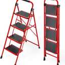 KINGRACK Step Ladder, Folding Ladder with Non-Slip and Wide Pedal, Small Ladders with Handle, Heavy Duty Steel Ladder, Lightweight Step Ladder (Red, 4 Step Ladder)