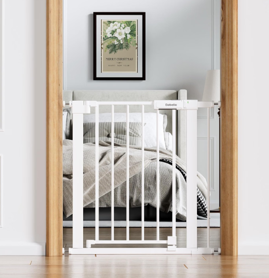 Babelio 26-31 in Narrow Baby Gate for Stairs with Wide Door, PressGuard II Pressure/Wall Mount, Dual Lock with Indicator, Auto Close, Heavy Duty, Easy Install for Doorways, Kitchens, Hallway, White
