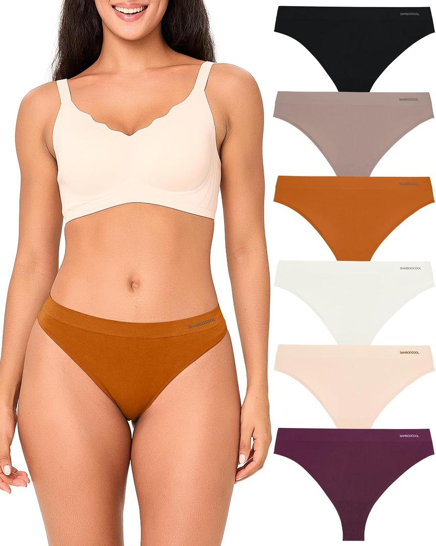 BAMBOO COOL Women's Thongs Seamless Moisture-Wicking Breathable Underwear High Stretchy Mid Waisted Panties Tagless 6 Pack Small