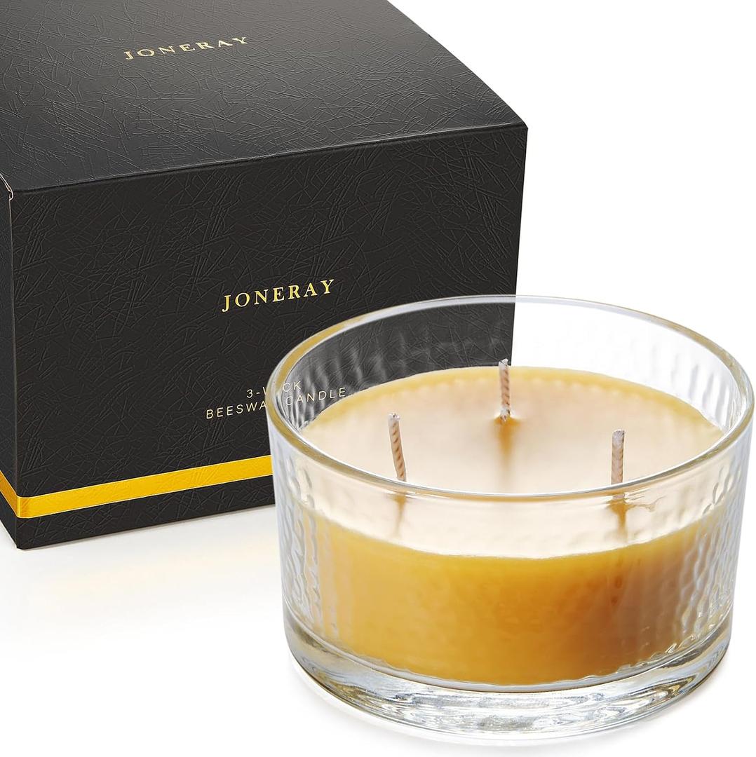 3-Wick Beeswax Candles, Pure Natural Handmade Beeswax Candles in Thick Glass Jars - Unscented Candles with 22-Hour Lasting