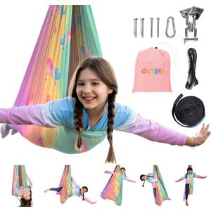 OUTREE Sensory Swing for Kids, Double Layer Therapy Hammock, Indoor Swing with 360 Swivel Hanger Kit and Adjustable Straps, Autism Sensory Product for Autism, ADHD (Unicorn Printed) (Light Pink)