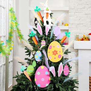 Soulchen 33 Pcs Easter Tree Ornaments Decorations Plush Bunny Tree Topper Bunny Ears and Carrot Sticks Colorful Simulated Reed Easter Egg Hanging Ornaments