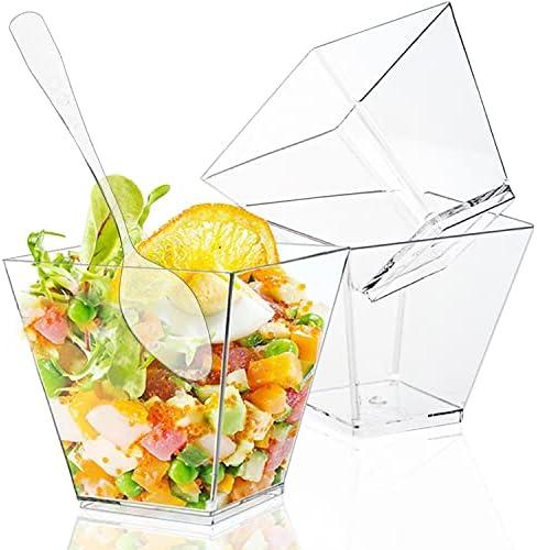 50 Pack 3.5 Oz Mini Square Dessert Cups with Spoons,Plastic Parfait Appetizer Cup,Disposable Plastic Cups for Puddings Mousse Desserts Pack Of 2