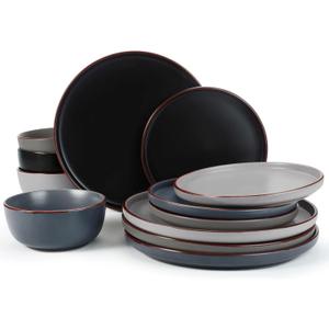 Famiware Mercury Plates and Bowls Sets, 12 Pieces Stoneware Dinnerware Sets, Dishes Set for 4, Microwave and Dishwasher Safe, Multi-color