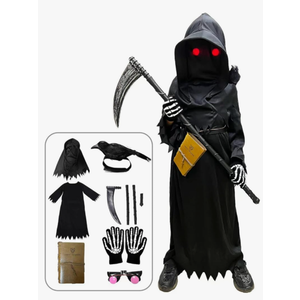 longpo Halloween Costumes for Boys Grim Reaper Costume Kids Set Scary Ghost Cosplay Outfit Halloween Party Favors Gifts.8-10Y
