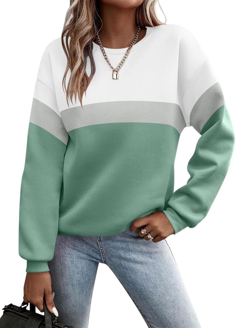 TICTICMIMI Women's Long Sleeve Tops Casual Color Block/Solid Cute Crewneck Sweatshirts Pullover Fall Shirts (XX-Large, A- White Green)