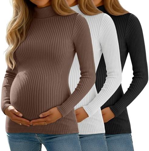 Sweetyweee 3 Pack Women's Maternity Shirts Ribbed Turtleneck Long Sleeve Slim Fit Pregnancy Tops Fall Casual Pregnant Sweater L
