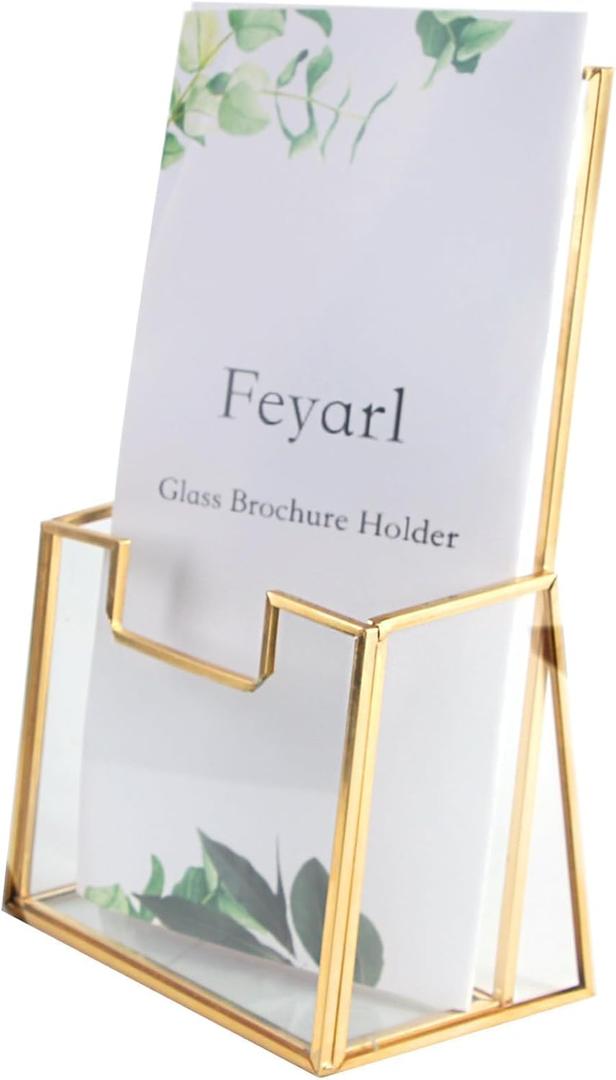Feyarl Gold Glass Brochure Holders for 4x9 Pamphlets Literature Holder Flyer Trifold Holder Display Stand for Office Brochures Booklets Menu Magazines Literatures Journals