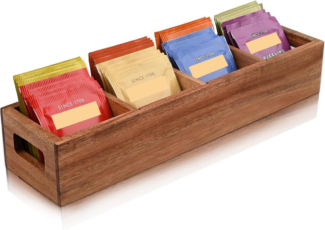 Acacia Wood Tea Bag Organizer with 4 Slots  Tea Bag Holder and Tea Organizer, Sugar Packet Storage for Countertops