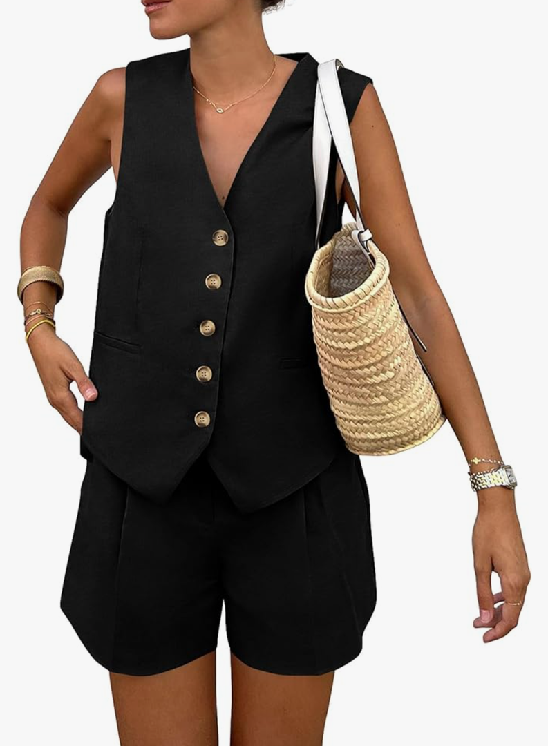 PRETTYGARDEN Women's Summer 2 Piece Outfits Sleeveless Matching Sets Button Down V Neck Vest Waistcoat and Pockets Shorts S